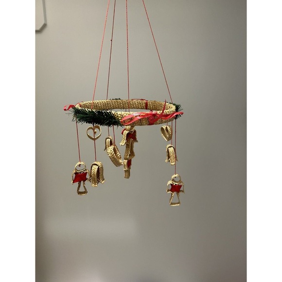 Vintage 80s Swedish Christmas Wreath Hanging Straw Scandinavian Mobile V23 - Picture 4 of 9